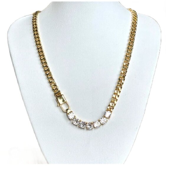 New Front Latch 14k Gold Plated Cuban Chain CZ Necklace - Picture 1 of 3